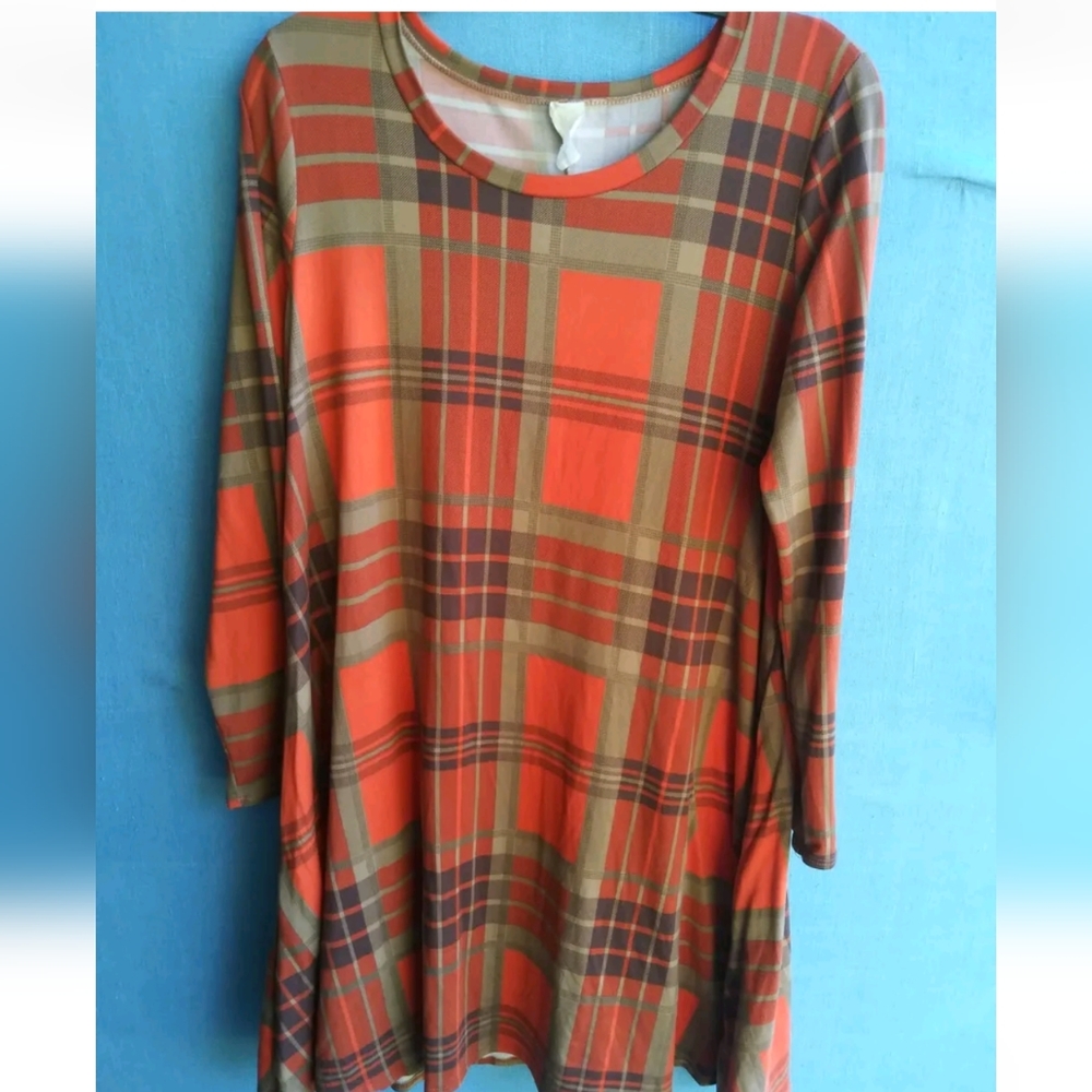 Women's Size Small S Orange Brown Plaid Stretchy Tunic with Pockets  T1